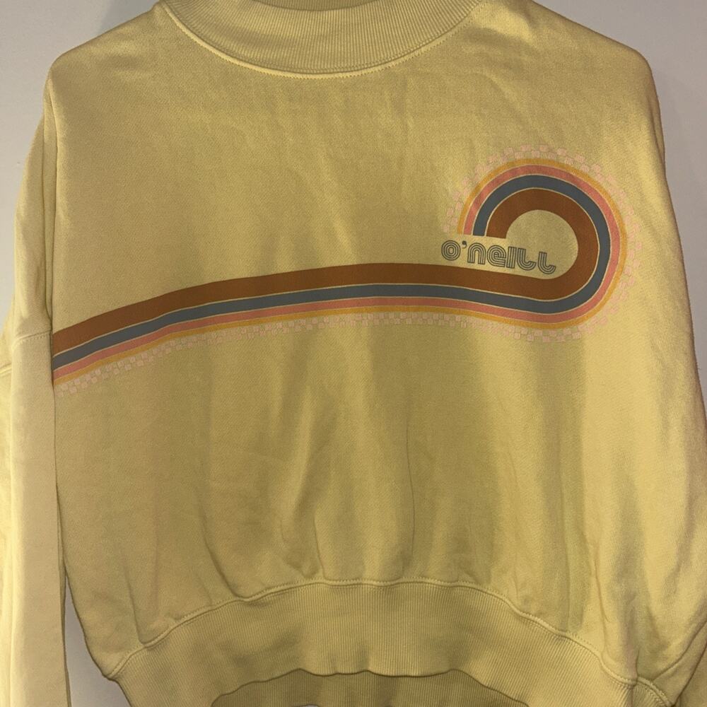 O'Neill Yellow Crew Neck crop Pullover Fleece Sweatshirt Retro Logo Graphic XS